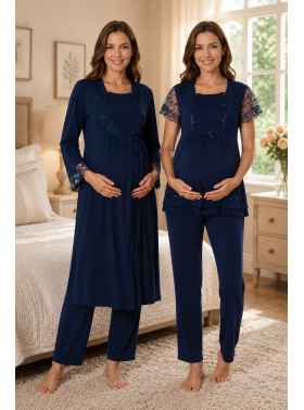 Effortt 2054L Lacivert Dantel Detaylı Sabahlıklı Lohusa Pijama Takımı